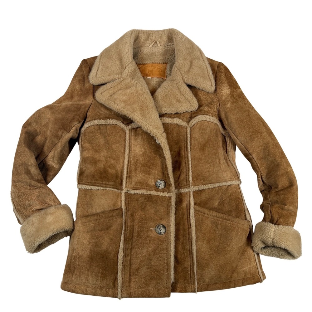 Vtg William Barry Brandon Colorado‎ Suede Shearling Jacket Tan Brown Penny Sz XS